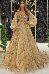 Bmbridal Gold Long Sleeves Prom Dress V-Neck With Sequins Appliques